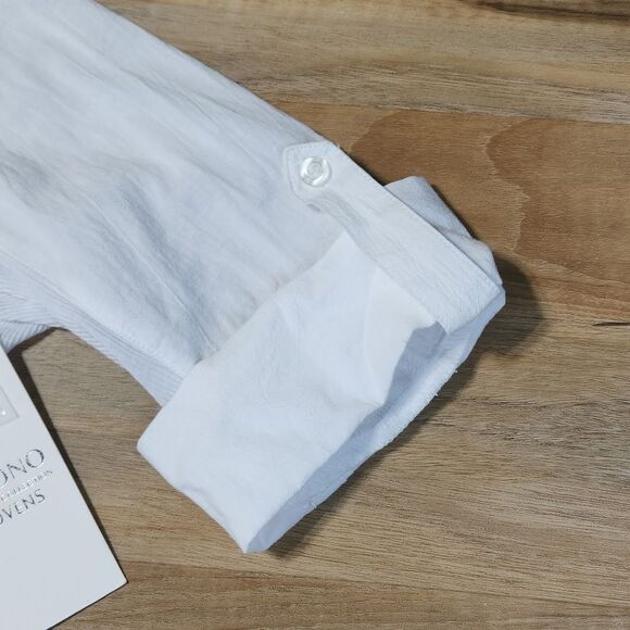 🔥NWT Ci Sono White Buttoned 3/4 Cuffed Roll Tab Sleeve Top Large - Picture 7 of 10